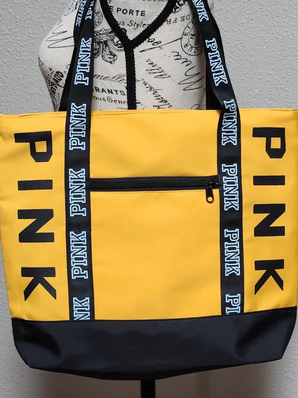 PINK Women's Large Nylon Tote Bag Yellow Black - NEW - Picture 2 of 4
